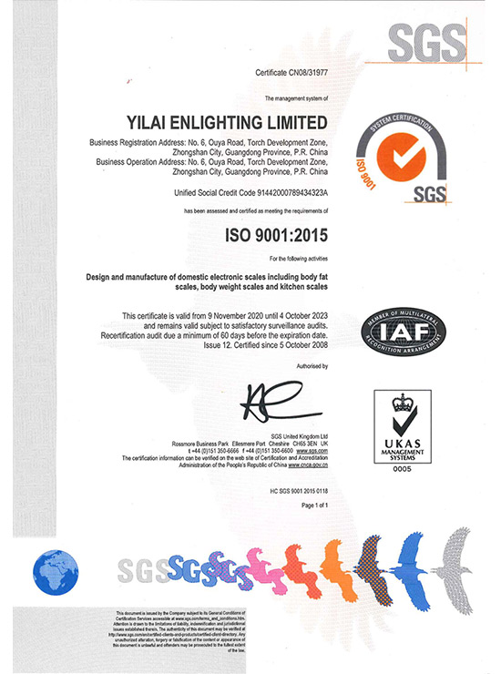 
     ISO-Zertifikat der Yilai-Fabrik
    